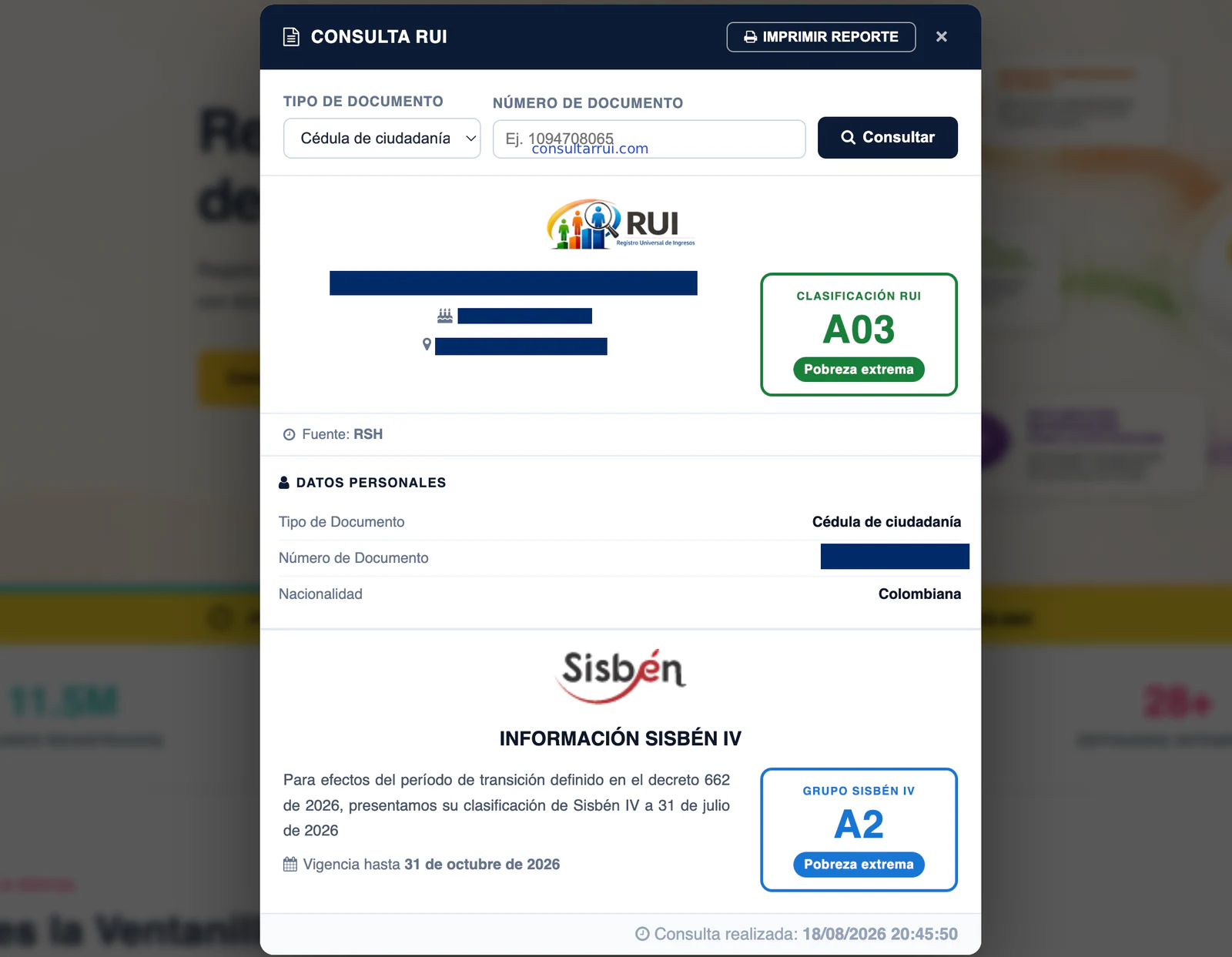 Resultado de Consulta RUI con clasificación A03 y grupo Sisbén IV A2